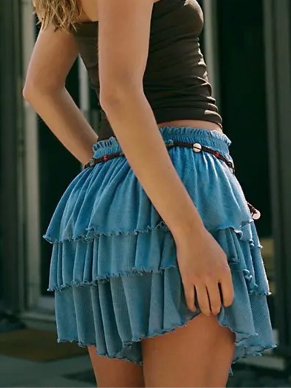 Free People Free-est Mila Ruffle Skort Skirt Shorts Small Denim Blue Navy